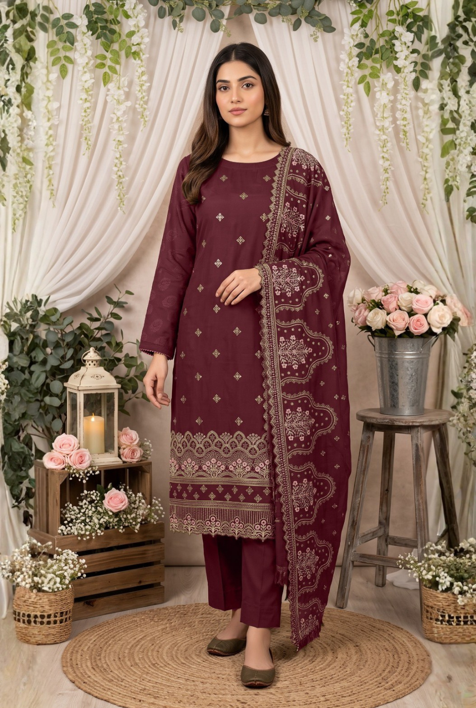 Women's Unstitched Deep Plum 5 Pcs Self Jacquard Sequins Embroidered Suit