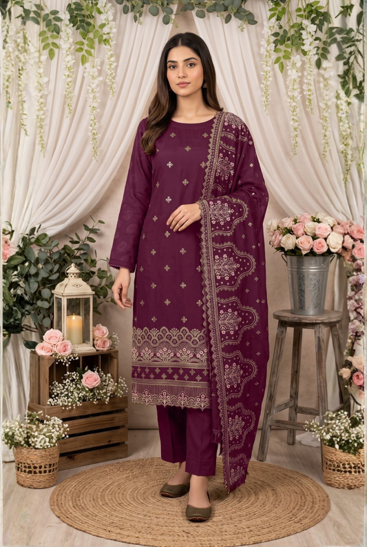 Women's Unstitched Deep Plum 5 Pcs Self Jacquard Sequins Embroidered Suit