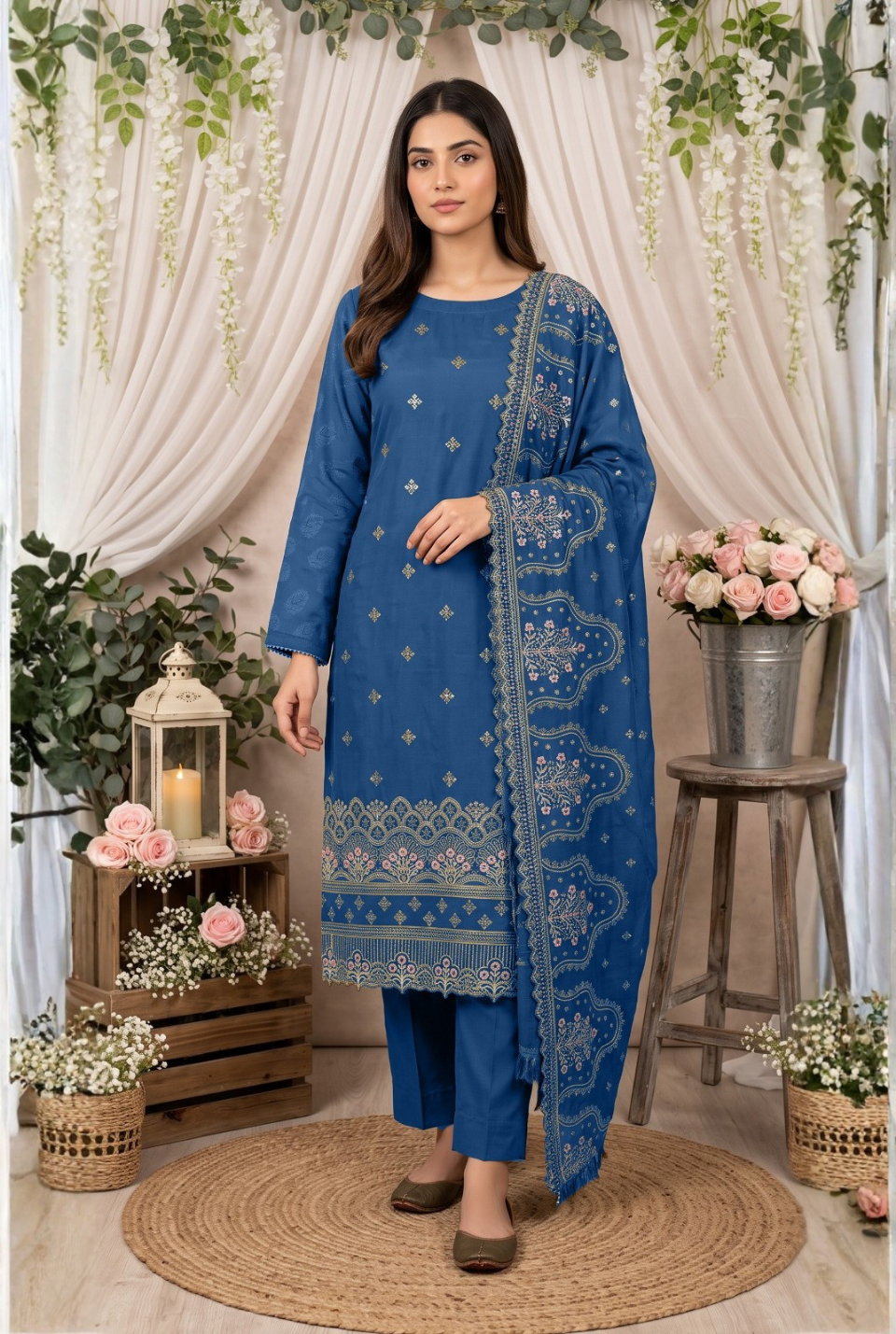 Women's Unstitched Deep Plum 5 Pcs Self Jacquard Sequins Embroidered Suit