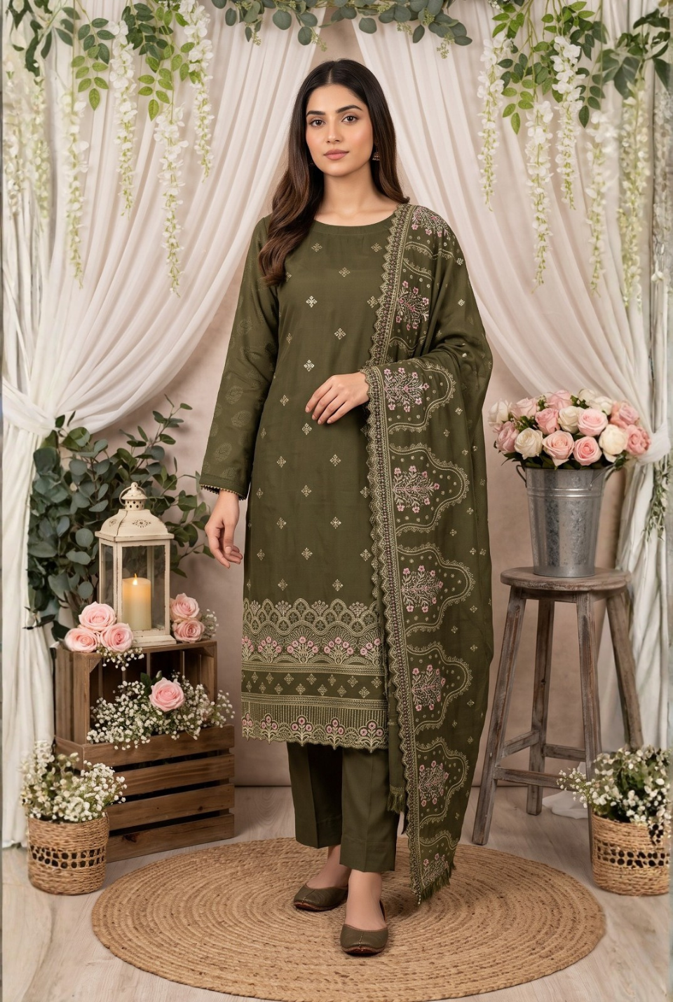 Women's Unstitched Deep Plum 5 Pcs Self Jacquard Sequins Embroidered Suit