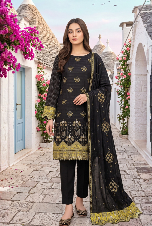 Women's Unstitched Black 5 Pcs Self Jacquard Sequins Embroidered Suit