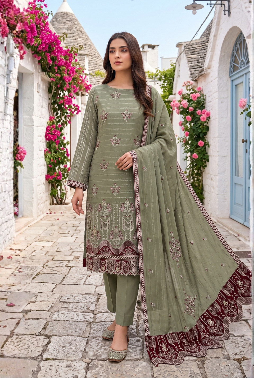 Women's Unstitched Black 5 Pcs Self Jacquard Sequins Embroidered Suit
