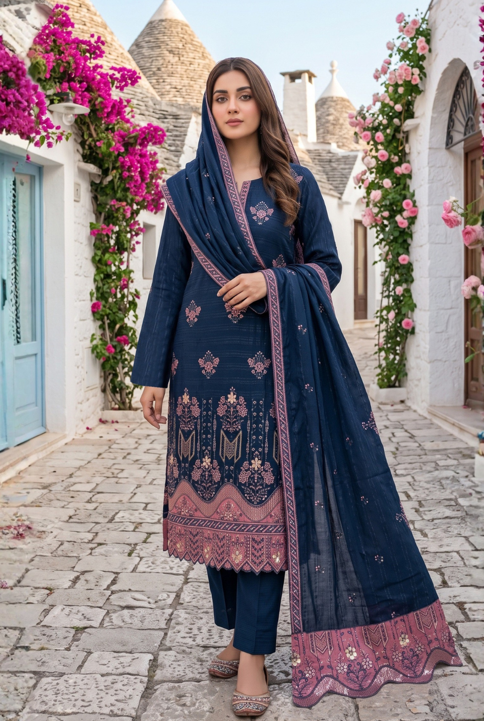 Women's Unstitched Black 5 Pcs Self Jacquard Sequins Embroidered Suit