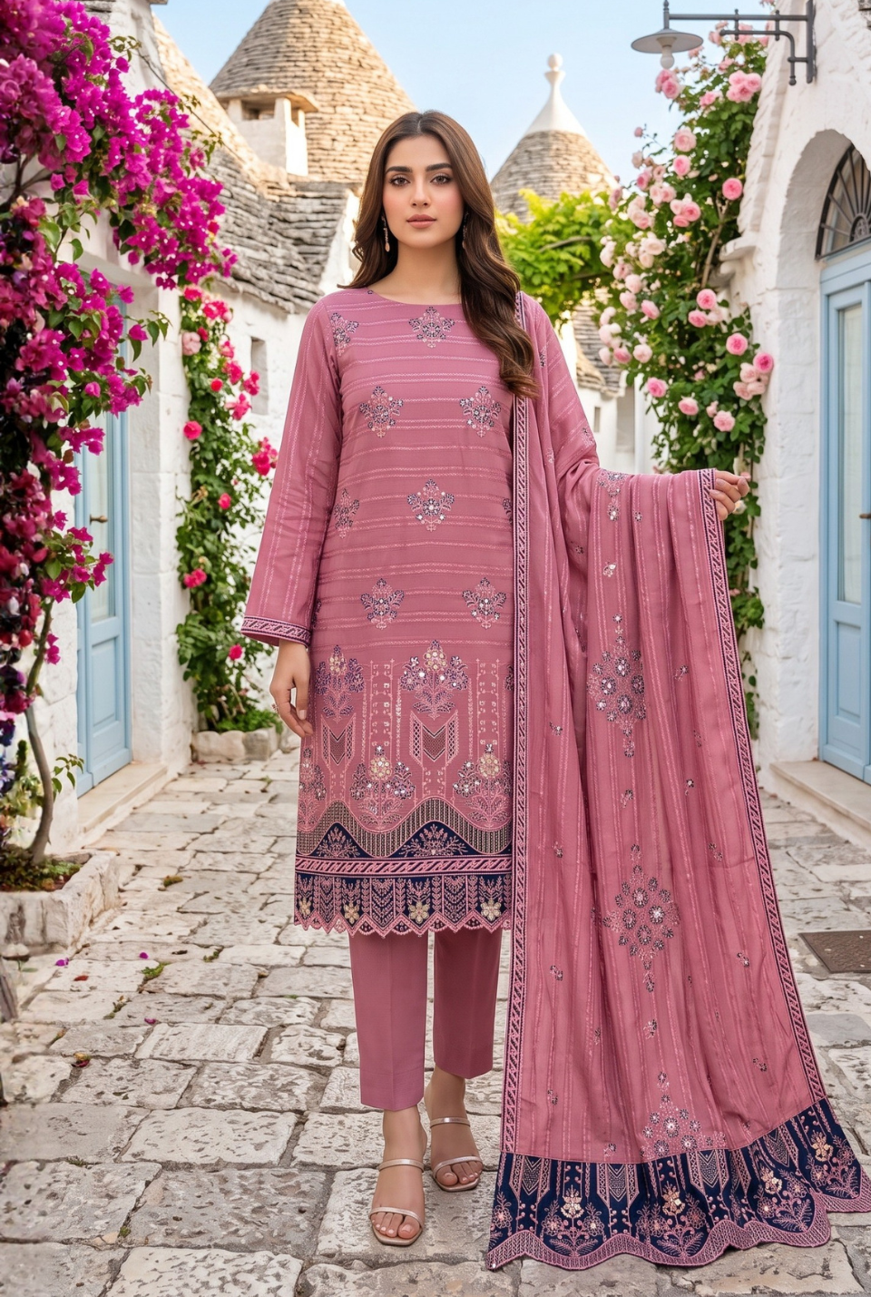 Women's Unstitched Black 5 Pcs Self Jacquard Sequins Embroidered Suit