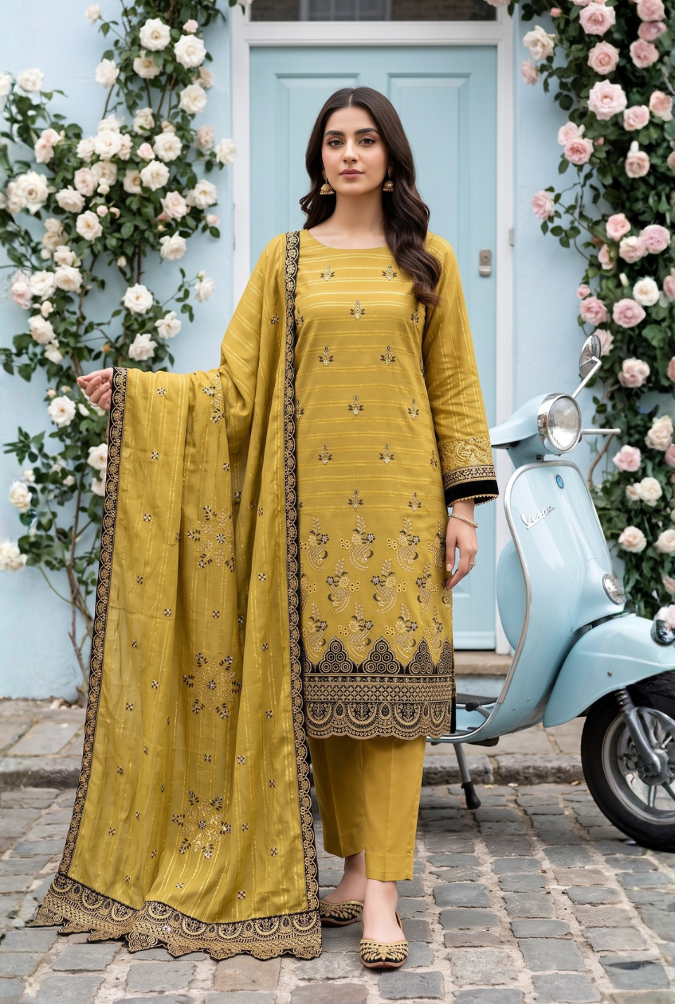 Women's Unstitched Sage Green 5 Pcs Self Jacquard Sequins Embroidered Suit