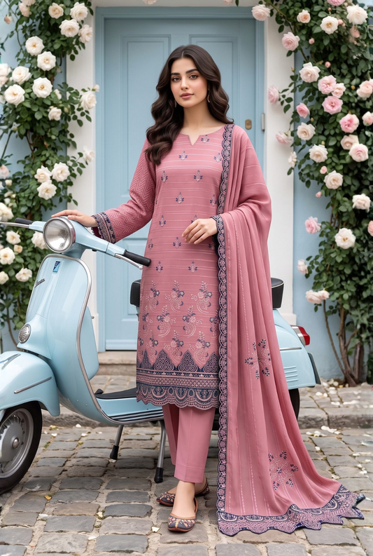 Women's Unstitched Sage Green 5 Pcs Self Jacquard Sequins Embroidered Suit