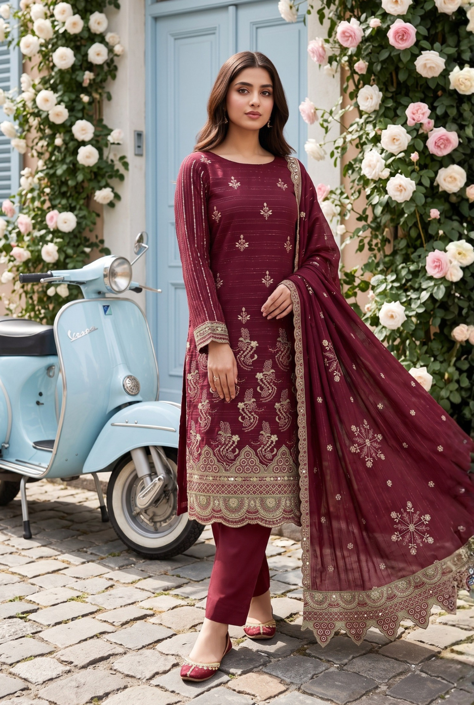 Women's Unstitched Sage Green 5 Pcs Self Jacquard Sequins Embroidered Suit