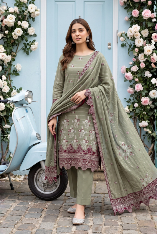 Women's Unstitched Sage Green 5 Pcs Self Jacquard Sequins Embroidered Suit