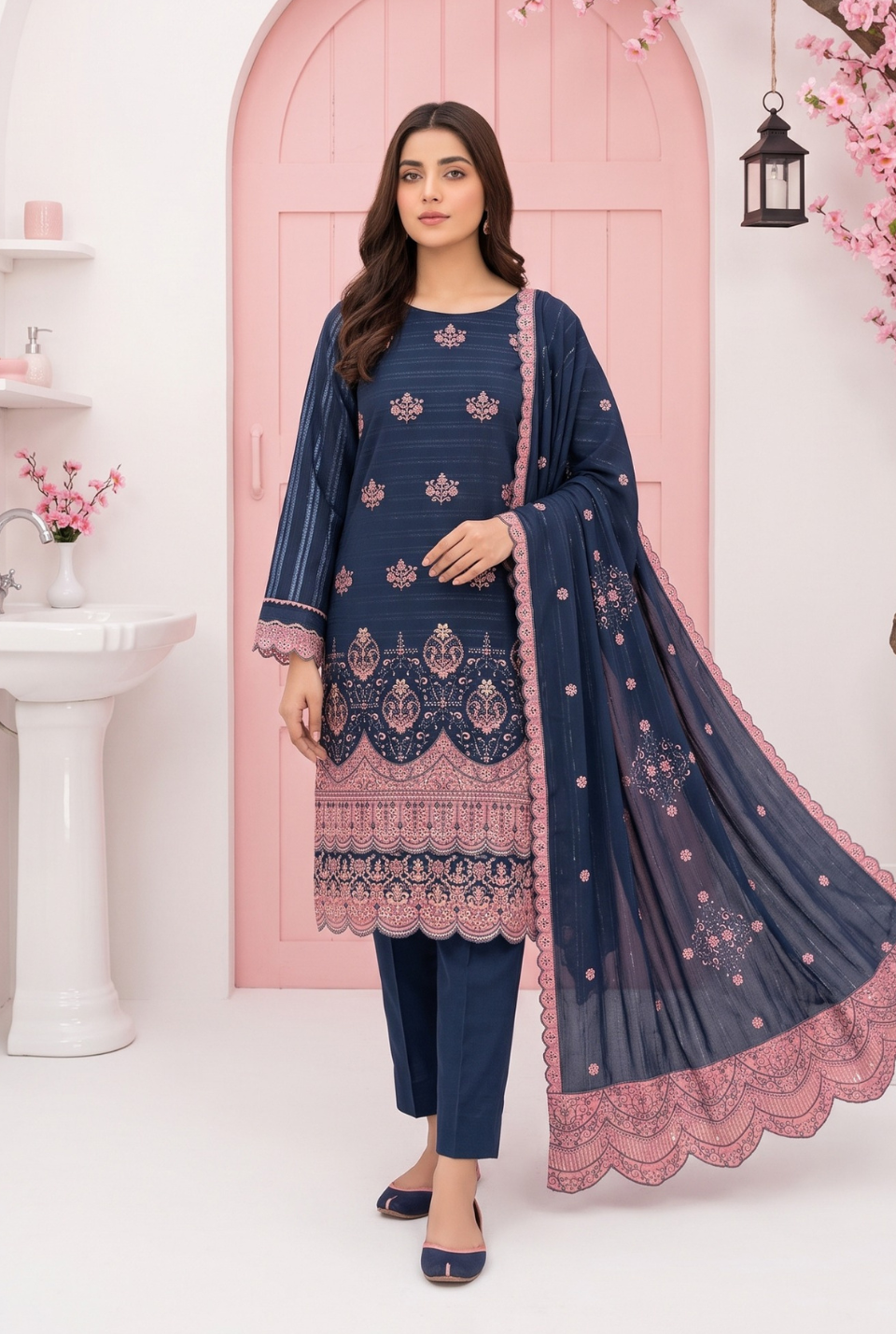 Women's Unstitched Black 5 Pcs Self Jacquard Sequins Embroidered Suit
