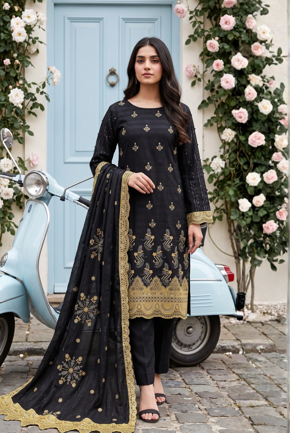 Women's Unstitched Sage Green 5 Pcs Self Jacquard Sequins Embroidered Suit