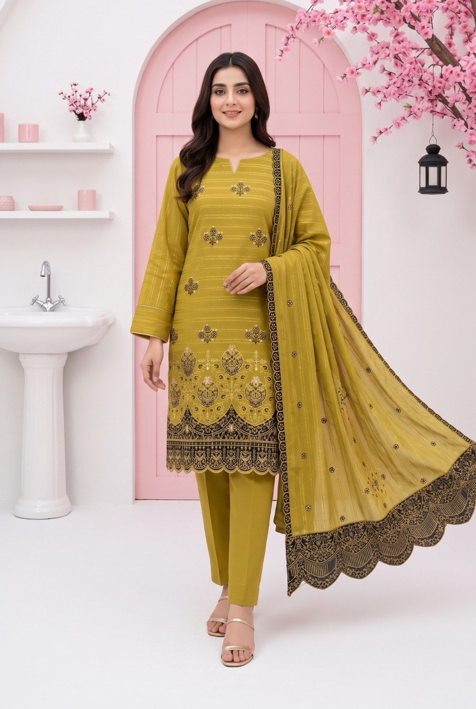 Women's Unstitched Black 5 Pcs Self Jacquard Sequins Embroidered Suit