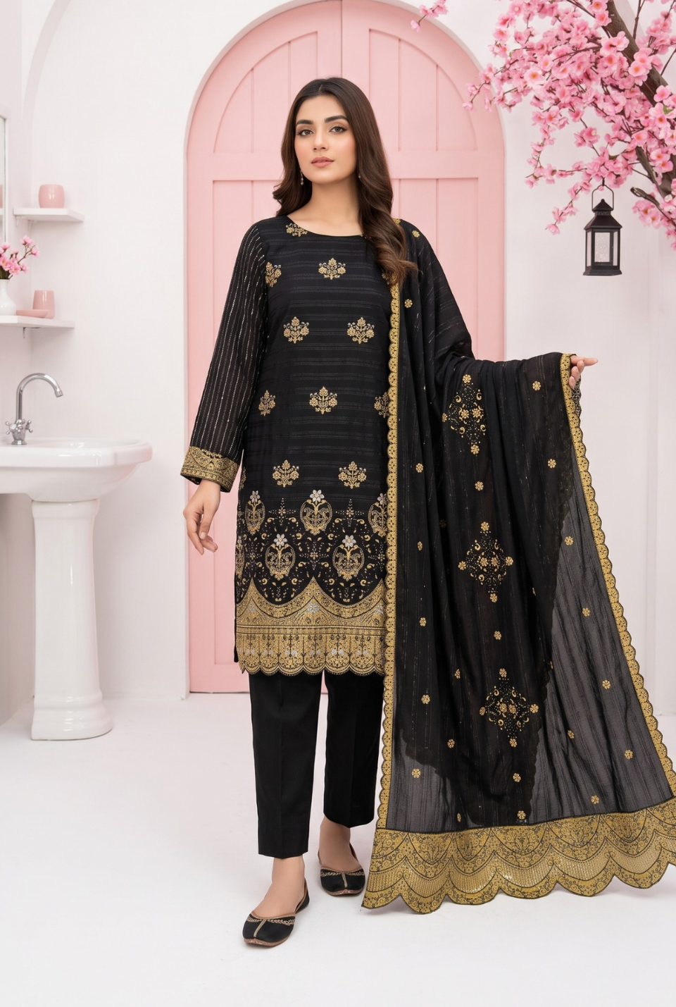 Women's Unstitched Black 5 Pcs Self Jacquard Sequins Embroidered Suit