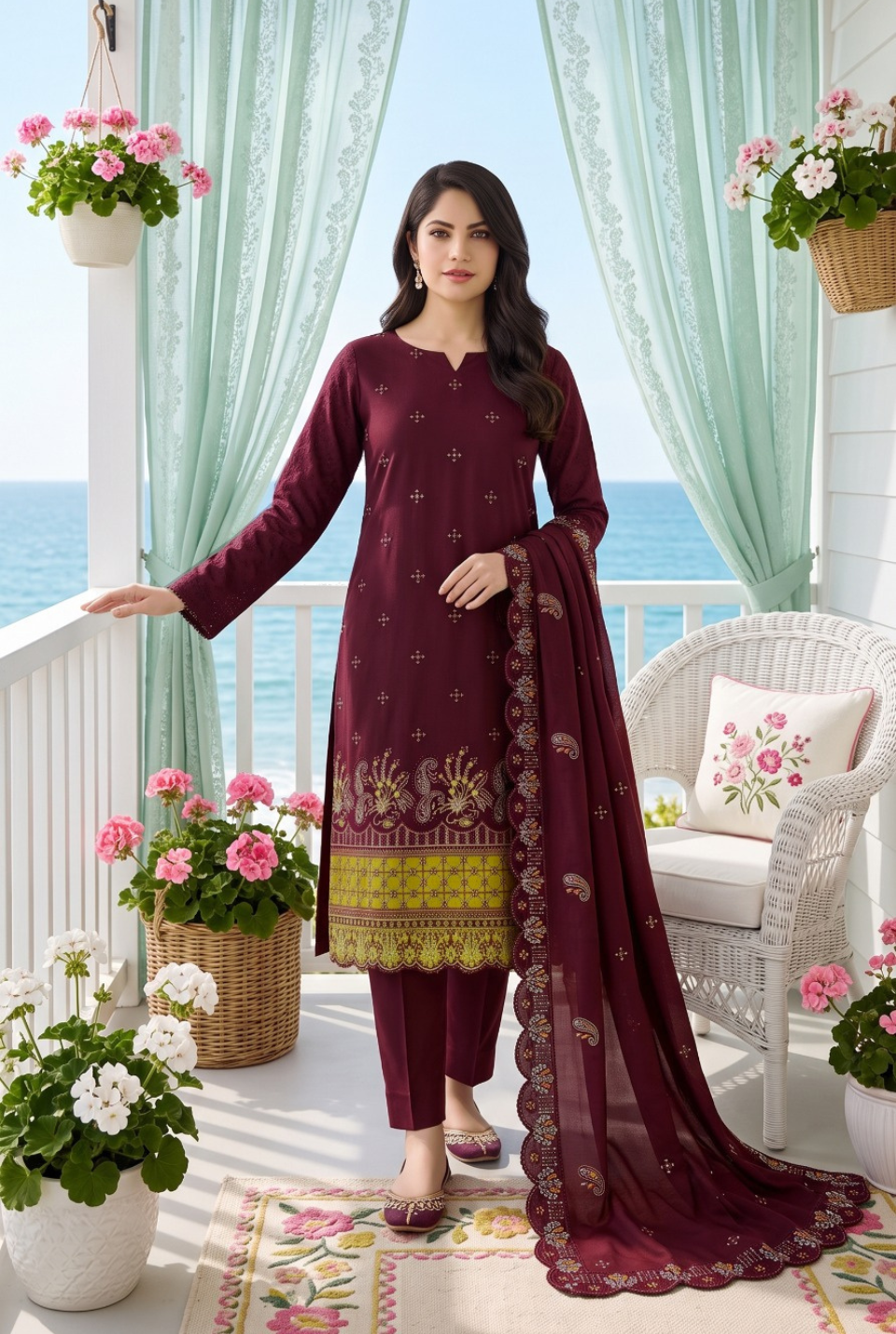 Women's Unstitched Purple 5 Pcs Self Jacquard Sequins Embroidered Suit