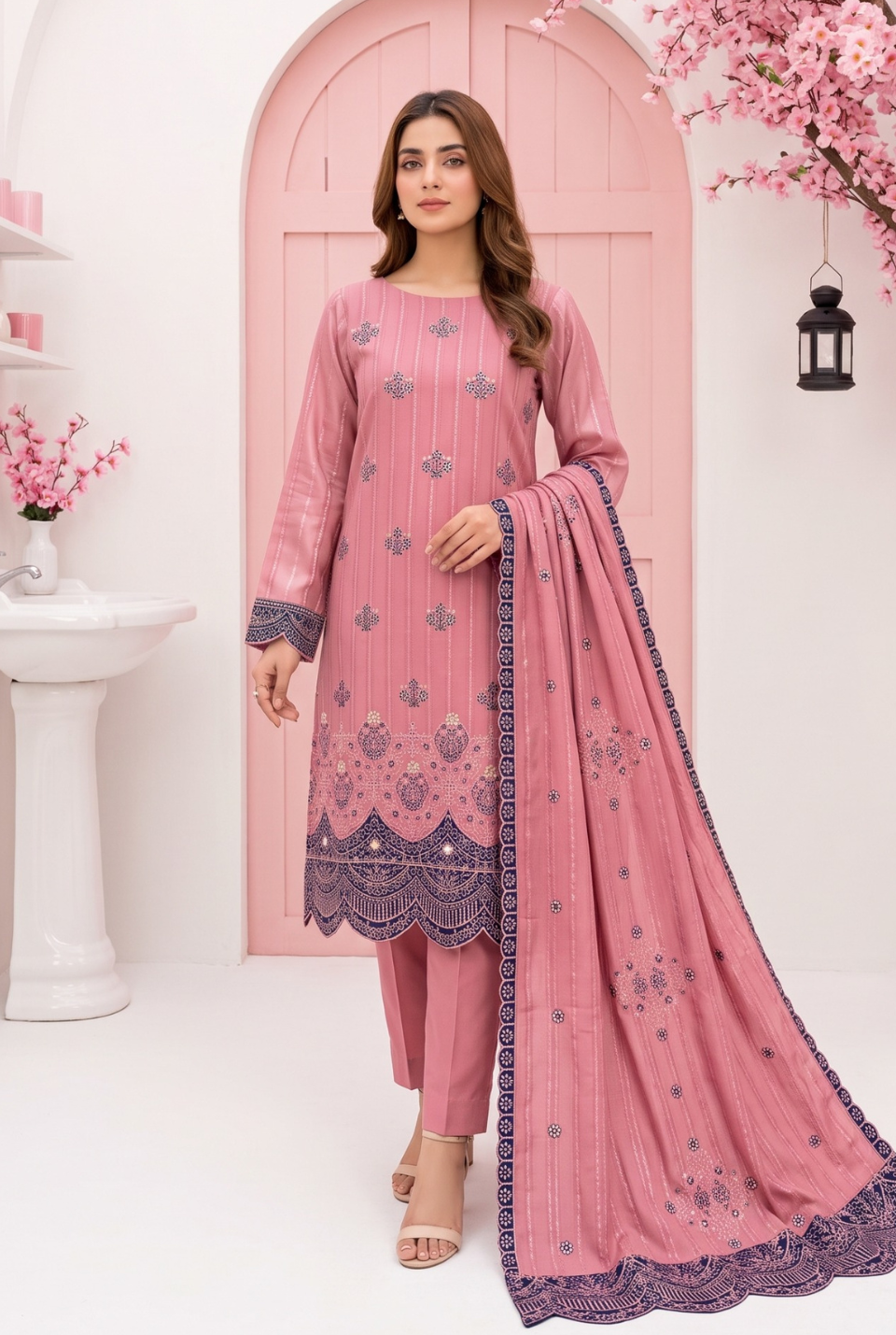 Women's Unstitched Black 5 Pcs Self Jacquard Sequins Embroidered Suit