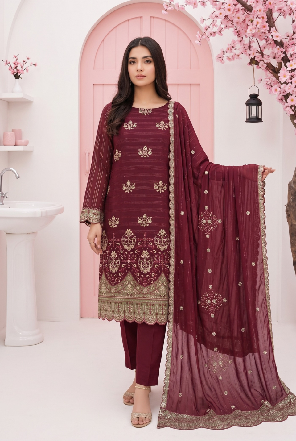 Women's Unstitched Black 5 Pcs Self Jacquard Sequins Embroidered Suit