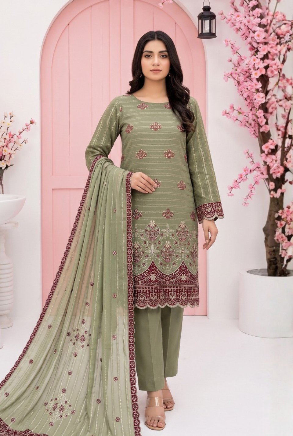 Women's Unstitched Black 5 Pcs Self Jacquard Sequins Embroidered Suit