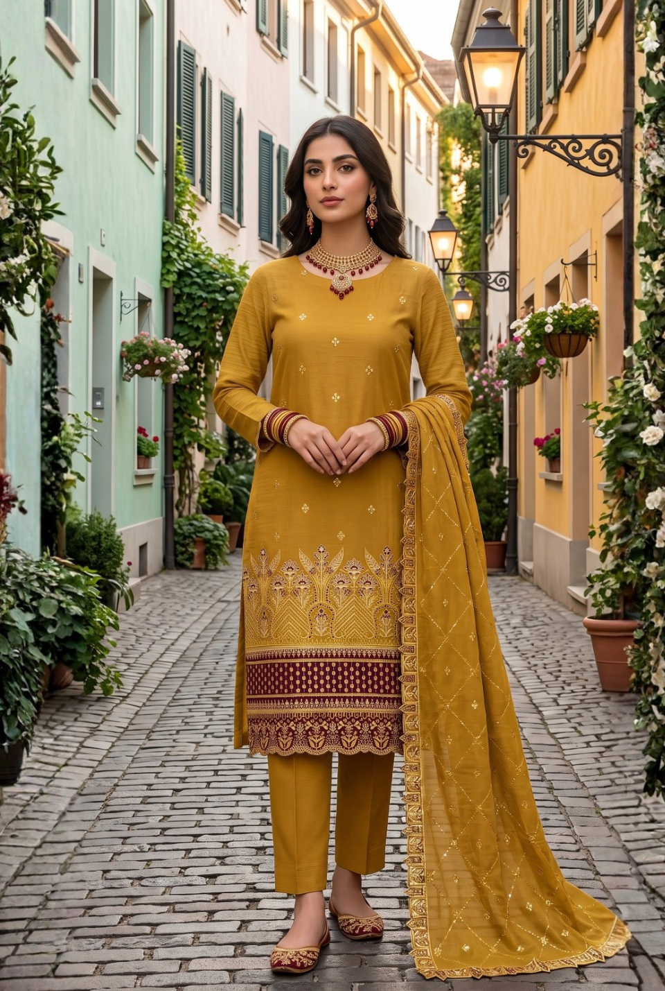 Women's Unstitched burgundy 5 Pcs Self Jacquard Sequins Embroidered Suit