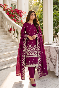 Women's Unstitched Purple 5 Pcs Self Jacquard Sequins Embroidered Suit