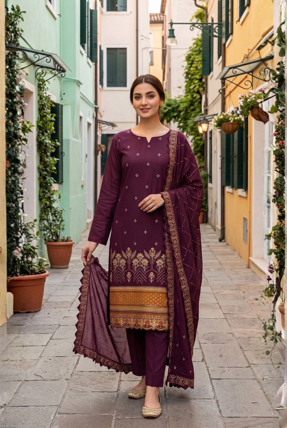 Women's Unstitched burgundy 5 Pcs Self Jacquard Sequins Embroidered Suit