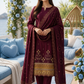 Women's Unstitched Orange 5 Pcs Self Jacquard Sequins Embroidered Suit