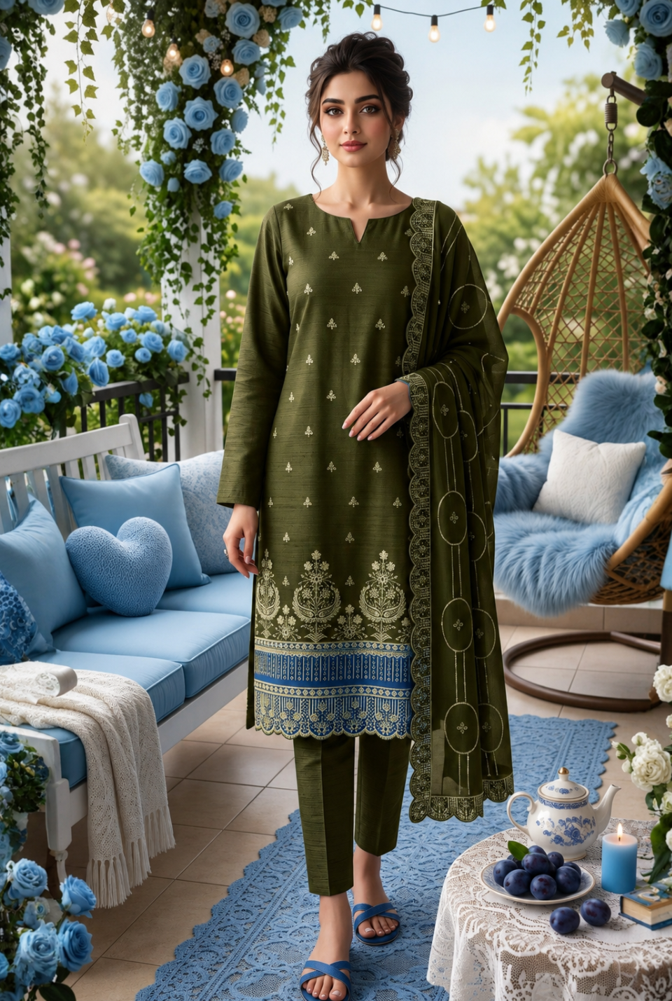 Women's Unstitched Orange 5 Pcs Self Jacquard Sequins Embroidered Suit
